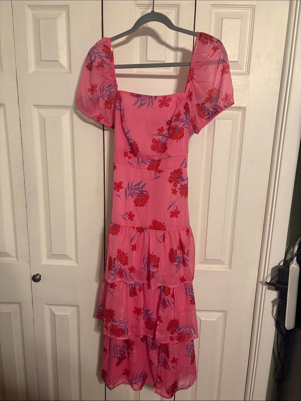 Crystal Doll Pink Floral Tiered Maxi with Puff Sleeves